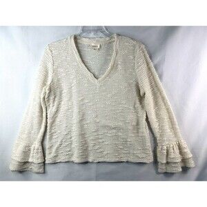 Anthropologie Deletta Boho Textured Knit Cream Sweater Women's L Flare Sleeve